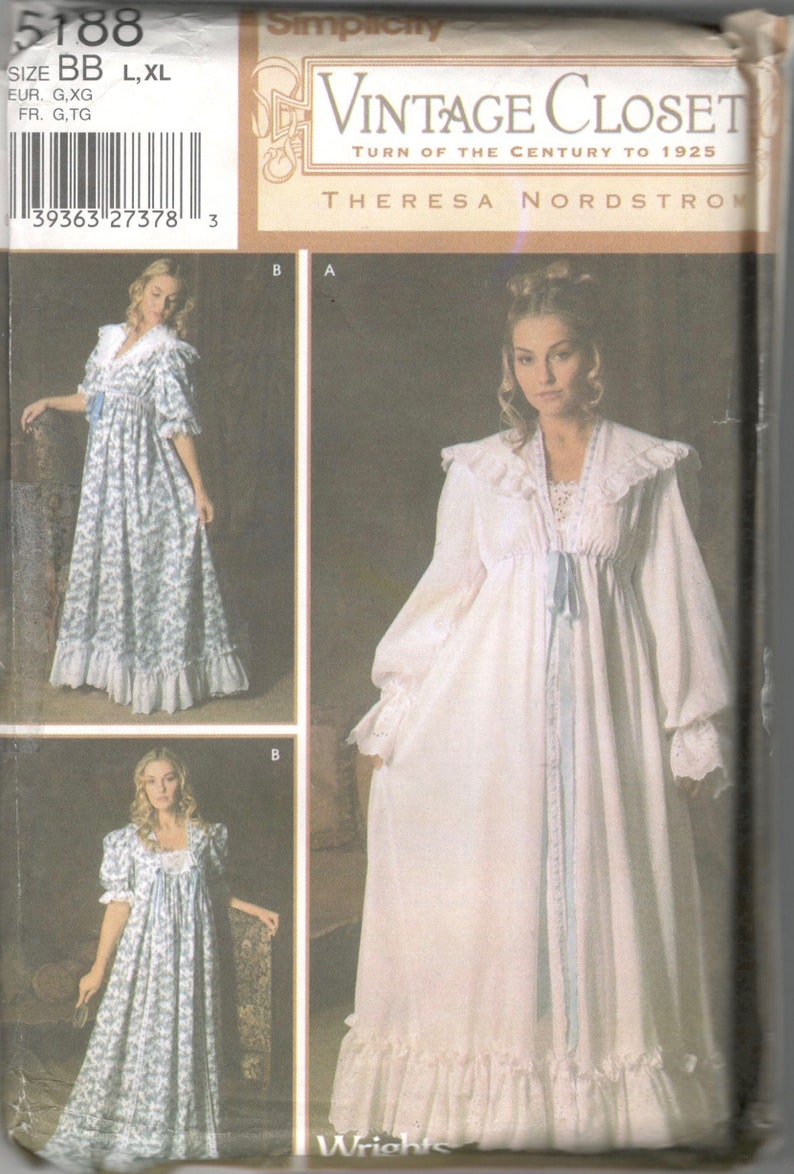 May include: Simplicity Vintage Closet sewing pattern featuring a long white gown with lace trim and a blue ribbon, and a floral print gown. The pattern is size L, XL.