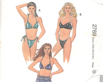 Kwik Sew 2769 Misses Halter Bikini Swimsuit and Sheer Shorts Pattern High Leg Thong Womens Sewing Pattern Size xxs xs s m l Bust 29-41 UNCUT