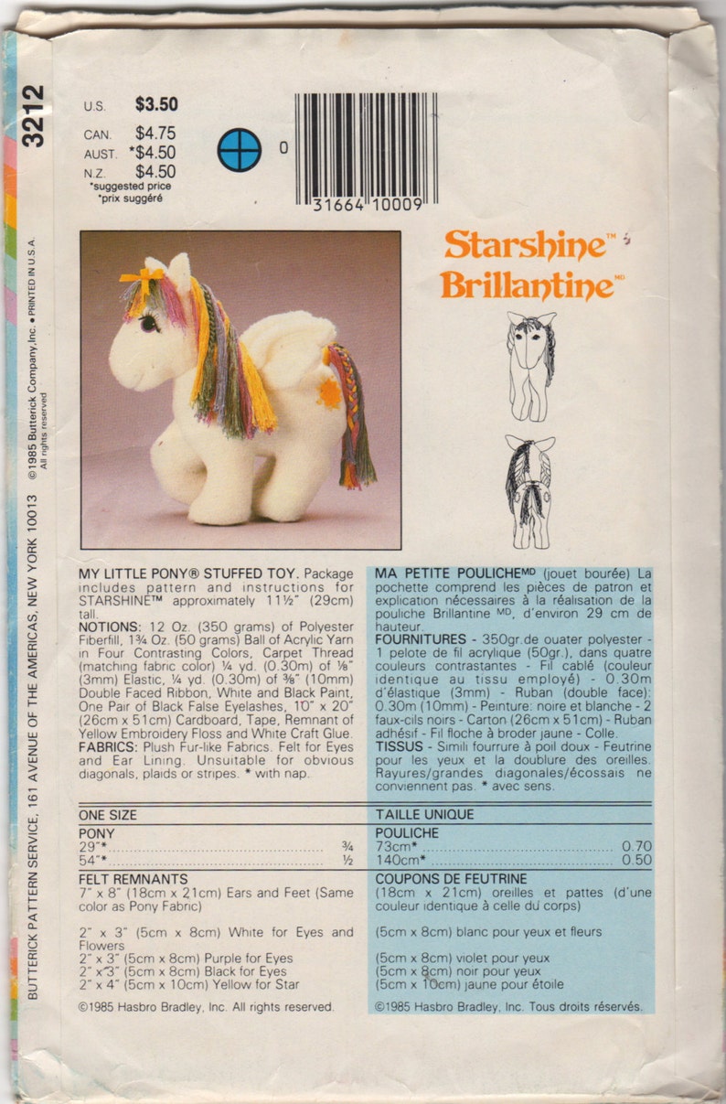 Butterick 3212 1980s My Little Pony Pattern STARSHINE 11 1/2 inches Vintage Stuffed Animal Sewing Pattern UNCUT image 3