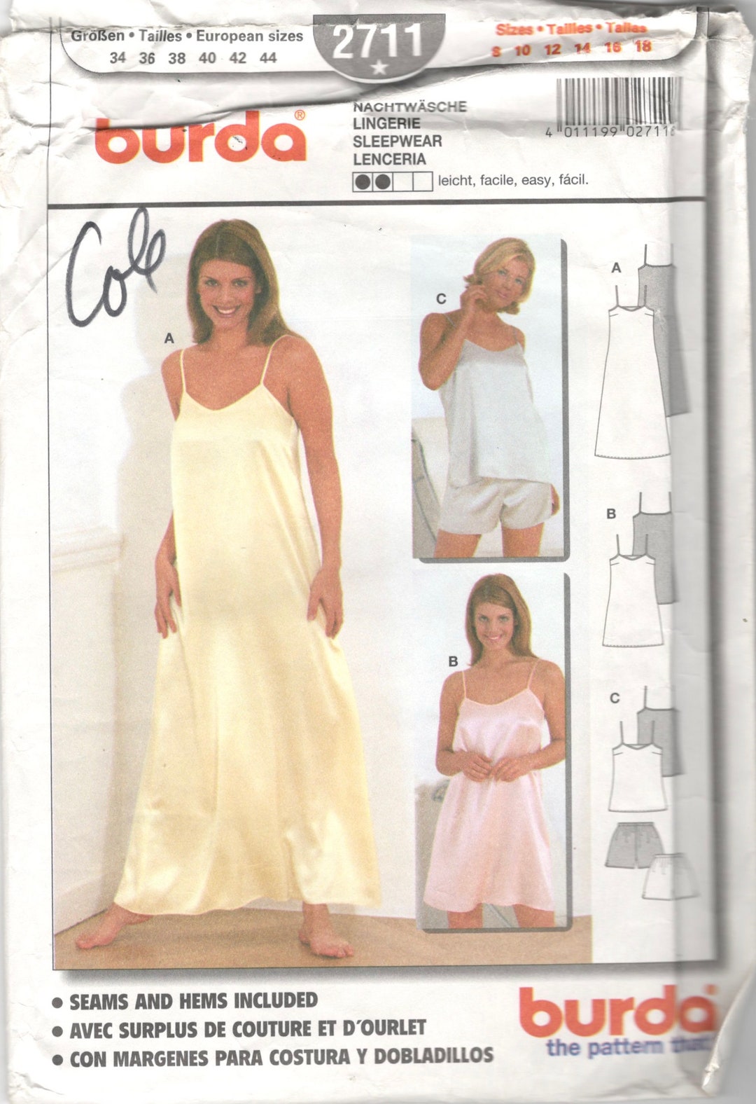 Burda 2711 Misses Nightgown Two Lengths Pajamas Camisole Shorts Pattern ...