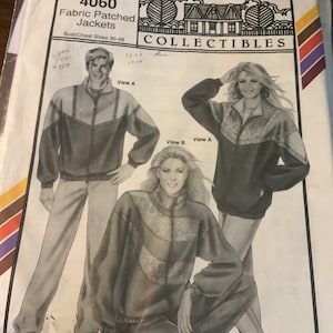 Könnte beinhalten: Ein Vintage-Schnittmuster für Jacken aus Stoffresten. Das Schnittmuster ist für die Größen 30-46 und stammt von Ann Person Collectibles. Das Schnittmuster zeigt zwei Models, die die Jacken tragen, eine in einer schwarz-weiß gemusterten Jacke und die andere in einer einfarbigen schwarzen Jacke.