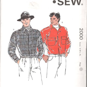 May include: A sewing pattern for two shirts, one with a plaid pattern and one in solid red. The pattern is called "KWIK-SEW" and is for sizes S-M-L-XL. The pattern is designed by Kerstin Martensson.
