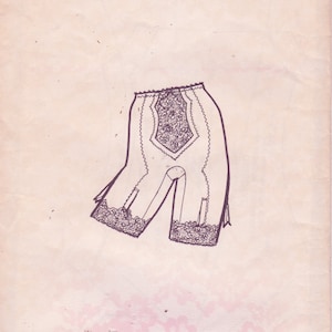 May include: A line drawing of a pantie girdle with lace trim. The pattern is for a size small and requires 2/3 yard of power net and 1/4 yard of lace. The pattern is from Dolores of St. Paul, Original.