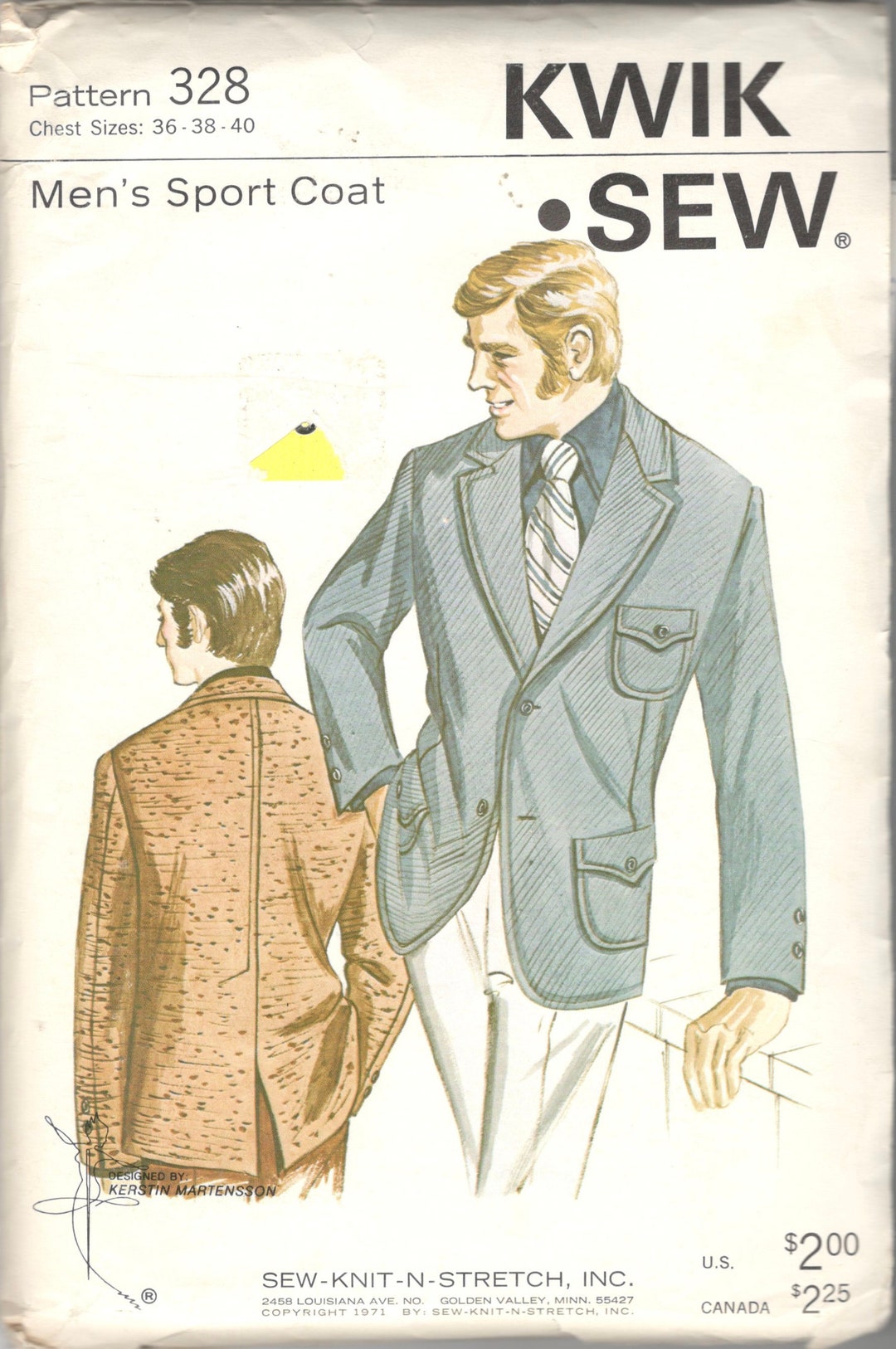 Kwik Sew 328 1970s Mens Sport Coat Pattern for Double Knits Adult