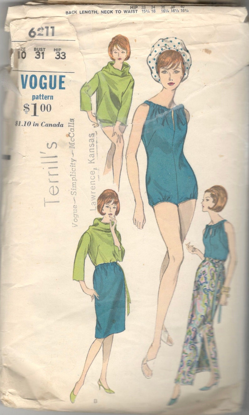 Vogue 6211 1960s Misses Drawstring Neck Swimsuit Cowl Neck Top and Skirt Pattern Womens Vintage Sewing Pattern Size 10 Bust 31