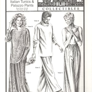 May include: A sewing pattern for Italian tunics and palazzo pants. The pattern includes three different views, each with a different style of tunic and pants. The pattern is for bust sizes 30-46 and hip sizes 32-48.