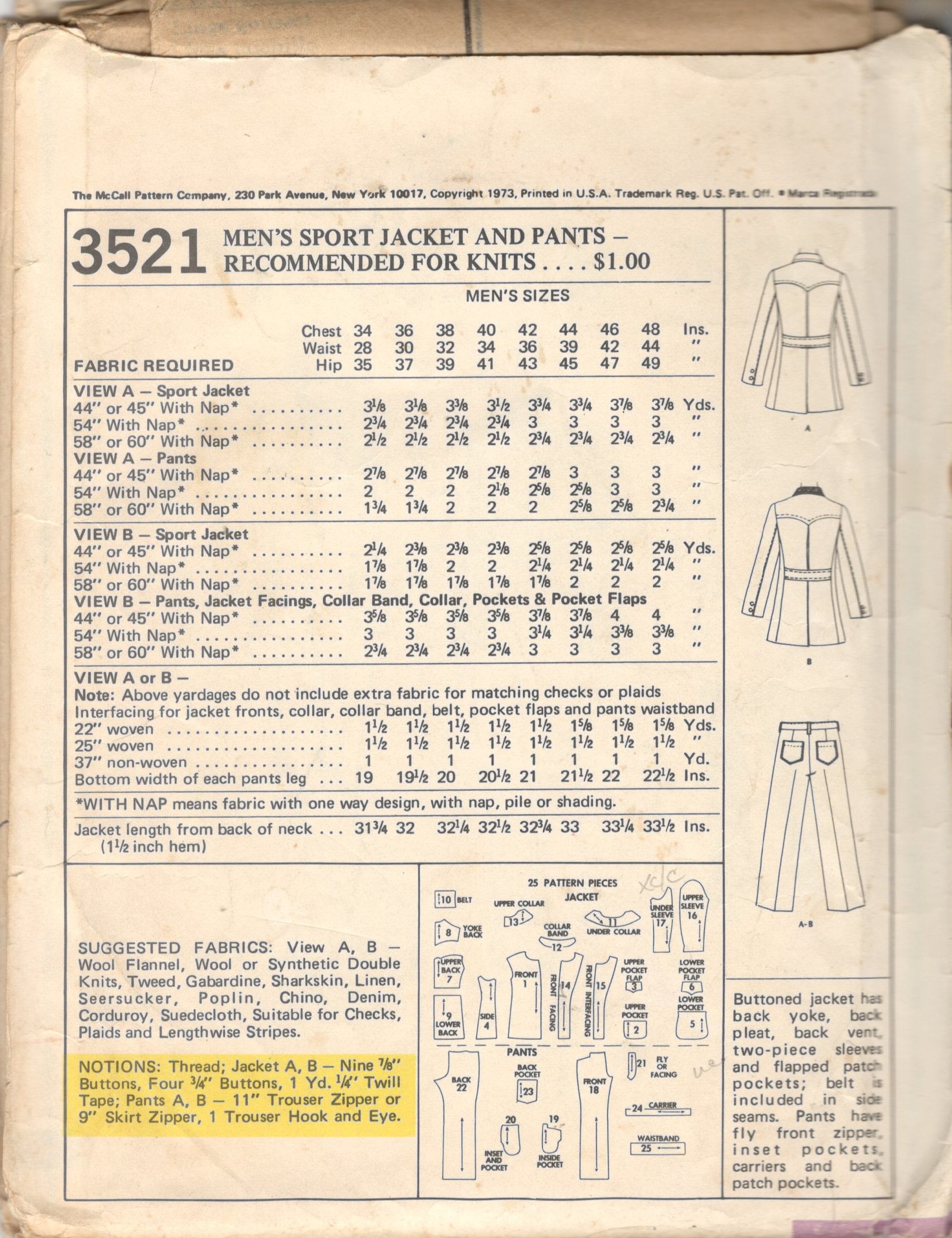 Mccalls 3521 1970s Mens Pants and Jacket Pattern Two Piece Suit Adult ...