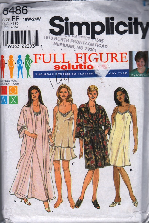 Simplicity 8486 Womens Slip Nightgown Camisole Tap Pants Robe Pattern Plus  Size Sewing Size 18 20 22 24 Bust 40 46 or 26 28 30 32 UNCUT 