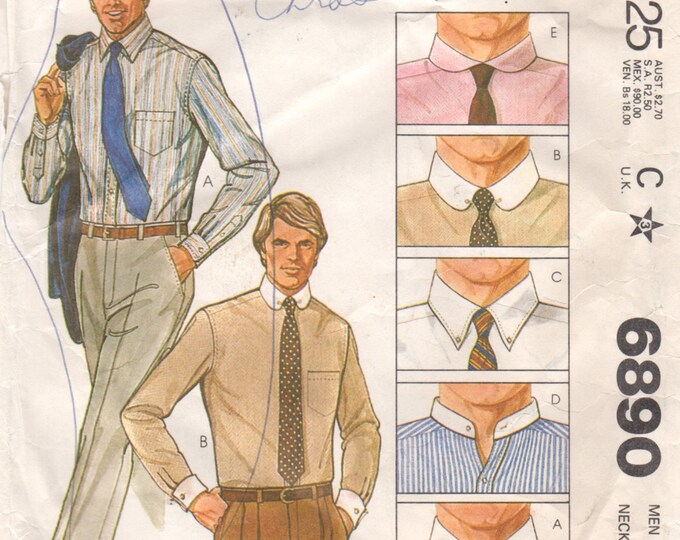 1970s Mccalls 6890 Mens SHIRT Pattern 4 Collar Variations Business ...