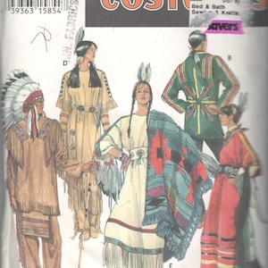 May include: A Simplicity Costumes pattern featuring Native American-inspired outfits. The image displays various designs, including fringed dresses, feathered headdresses, and patterned shawls. The pattern includes sizes XS to XL.