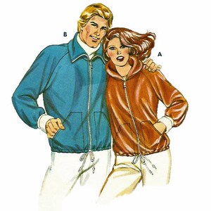 May include: Illustration of two people wearing matching athletic jackets. One jacket is teal blue, the other is orange-brown. Both jackets have a zipper closure, pockets, and white cuffs. The jackets are paired with white sweatpants.