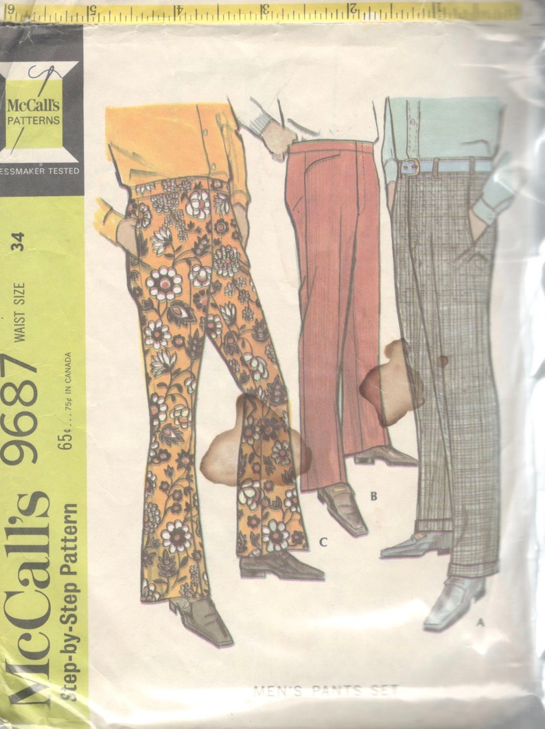 McCalls 9687 1960s Mens Pants Pattern Bell Bottoms Cuffed and | Etsy