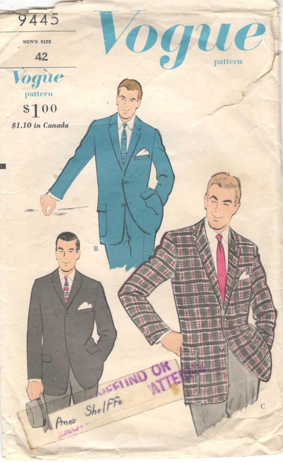 1950s Vogue 9445 Mens Sport Coat Pattern MAD MEN Adult Jacket | Etsy