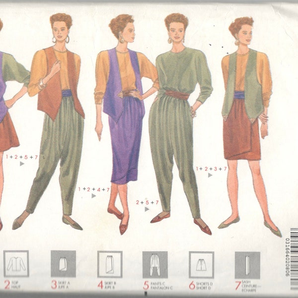 Butterick 5071 Misses Loose Fit Harem Pants Shorts Pullover Top Vest and Skirt Pattern Womens Vintage Sewing Pattern Size XS S M L XL UNCUT