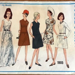 Vogue 1905 1960s Misses V Neck Dress Pattern 2 Lngths Day Evening Princess Seams Womens Easy Vintage Sewing Pattern Size 10 Bust 32 UNCUT