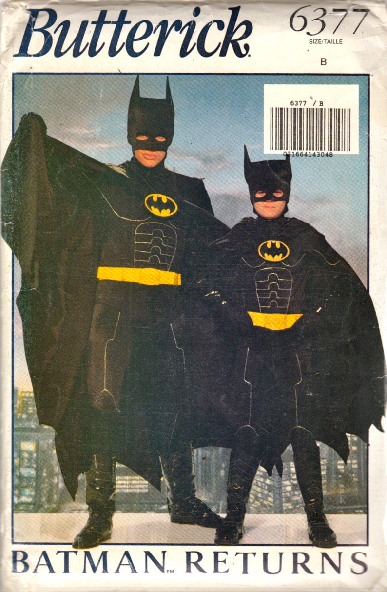 Butterick 6377 Boys BATMAN Costume Pattern Childs Super Hero BATMAN RETURNS Sewing Pattern Jumpsuit Cape Hood S M L Chest 26 28 image 1