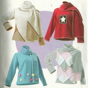 Könnte beinhalten: Vier verschiedene Pullover-Stile mit Rollkragen. Die Pullover sind in Weiß, Rot, Blau und Grau mit verschiedenen Mustern und Designs.