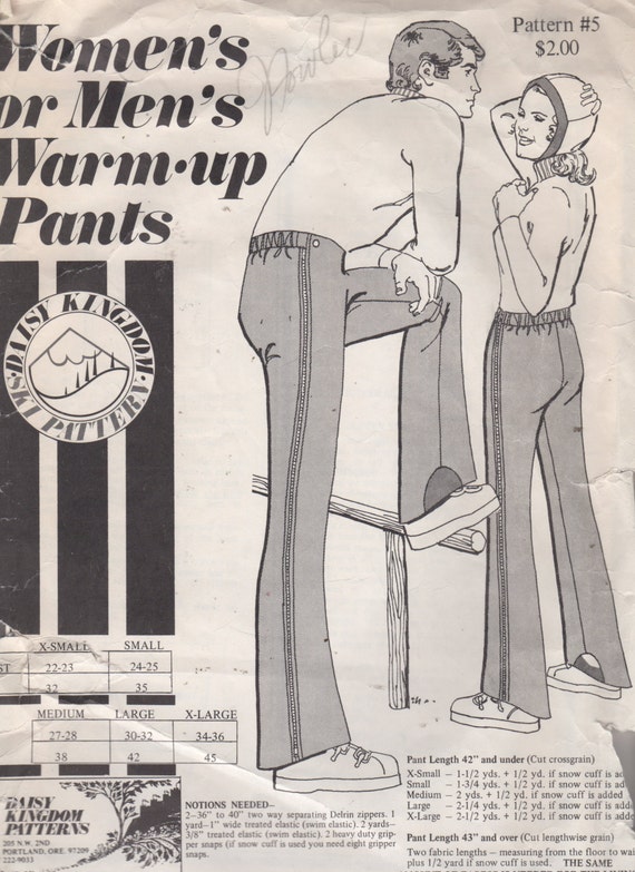 1970s Daisy Kingdom 5 Mens Womens High Waist Warm up Ski Pants Pattern Side  Zip Vintage Sewing Pattern Size XS S M L XL Waist 22 36 UNCUT 