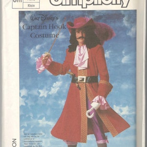 May include: Simplicity pattern for a Captain Hook costume. The image shows a red coat with gold trim, a black belt, and a pink ruffled shirt. The costume includes a hat, hook, and sword.
