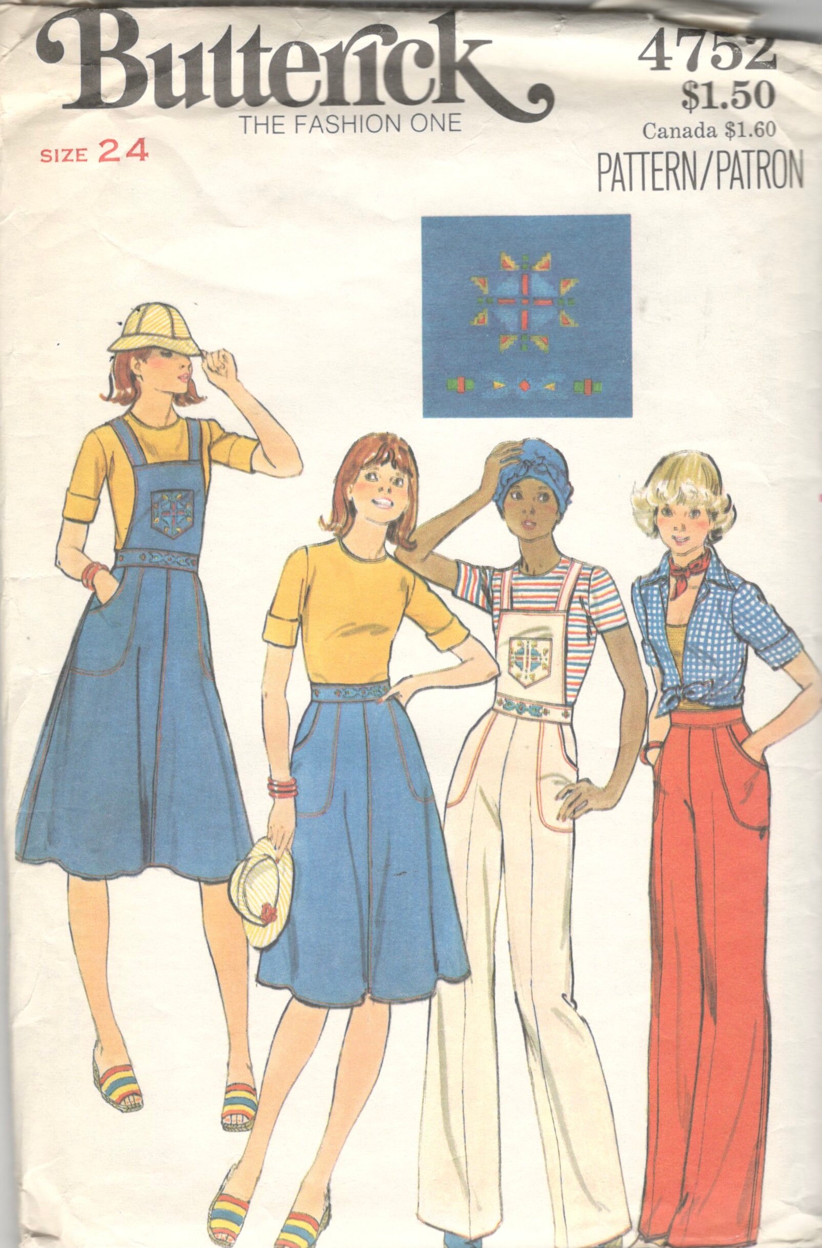 Butterick 4752 1970s Misses Skirt and Pants Pattern Detachable Bib