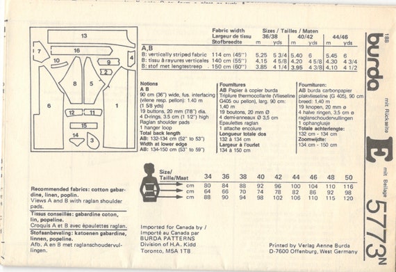 Zweireihiger Trenchcoat Schnittmuster Military Style Burda 5773 10/12  14/16 18/20 Damen Schnittmuster UNCUT