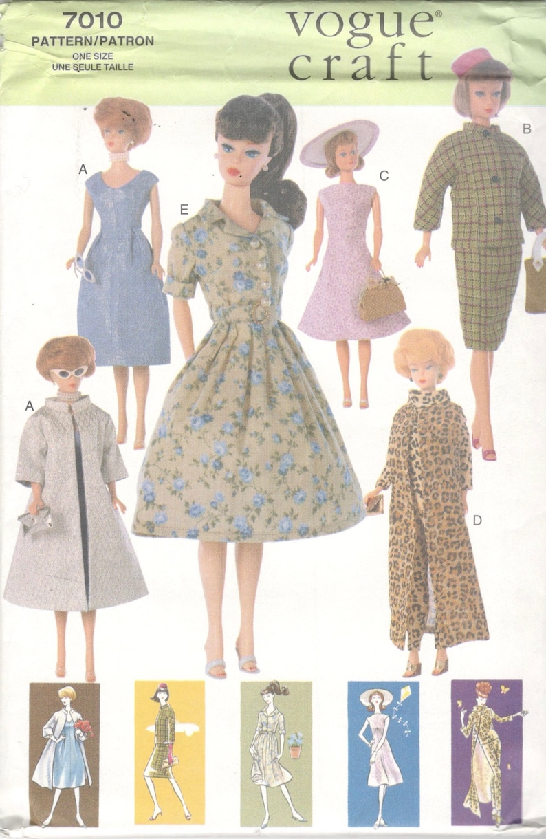 Vogue 7010 1960s Style 11 12 Inch Barbie Doll Clothes Pattern 5 Outfits Dress Coat Hat Coat Pants Jacket Vest Bag Sewing Pattern