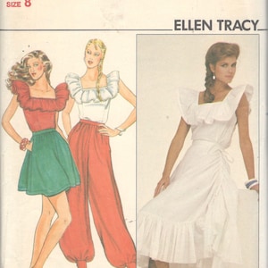 May include: A vintage sewing pattern for a women's top and skirt. The pattern is from Butterick and is number 4427. The pattern is for size 8 and is designed by Ellen Tracy. The top has a ruffled neckline and the skirt is a wrap style with a ruffle at the hem.