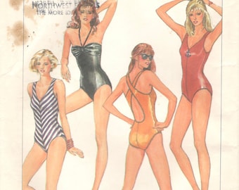 1980s Simplicity 6887 Misses Swimsuits Pattern Halter V Neck Criss Cross Straps Womens Vintage Sewing Pattern Size 16 18 20