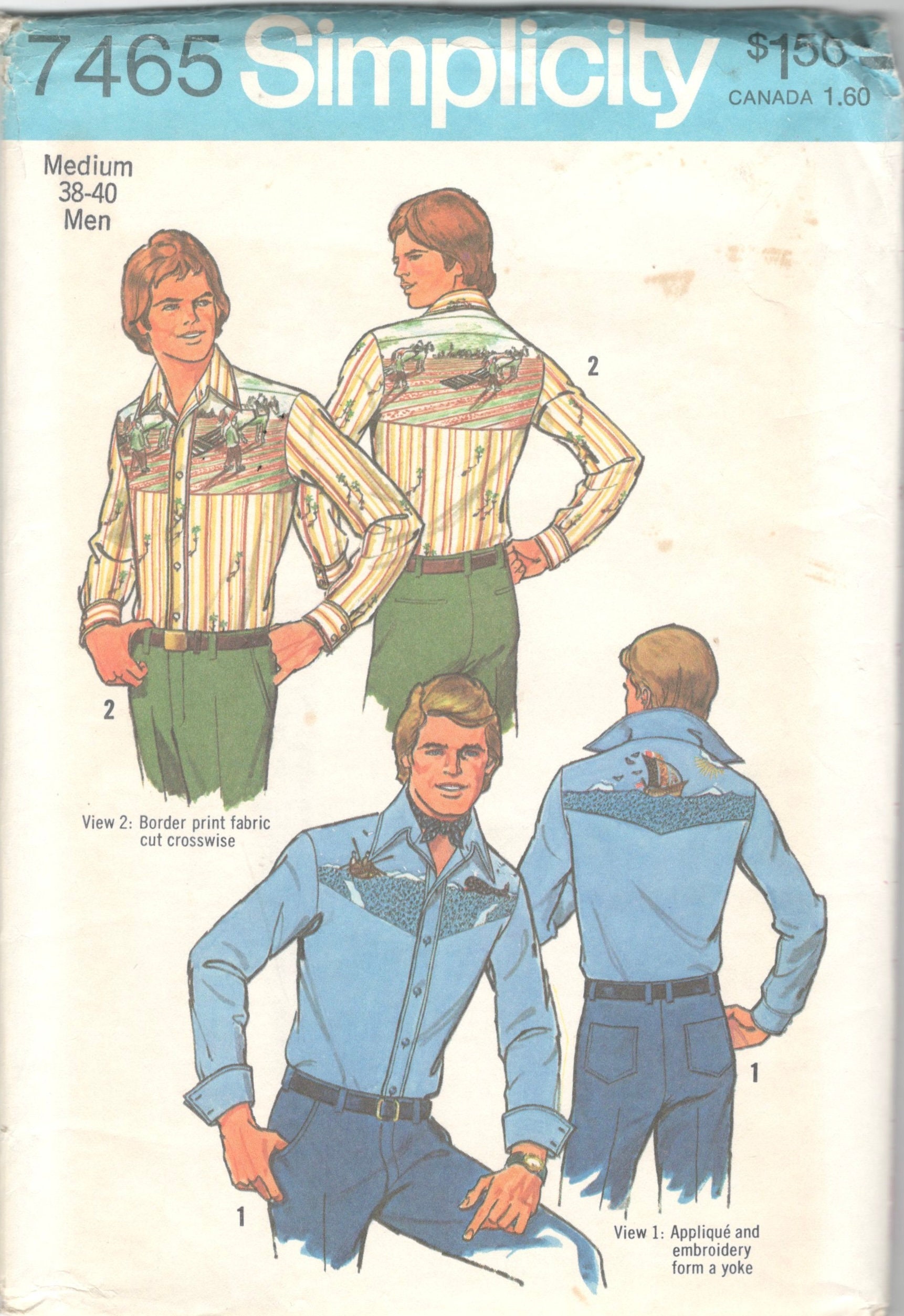 Simplicity 7465 1970s Mens Western Shirt Pattern Embroidery