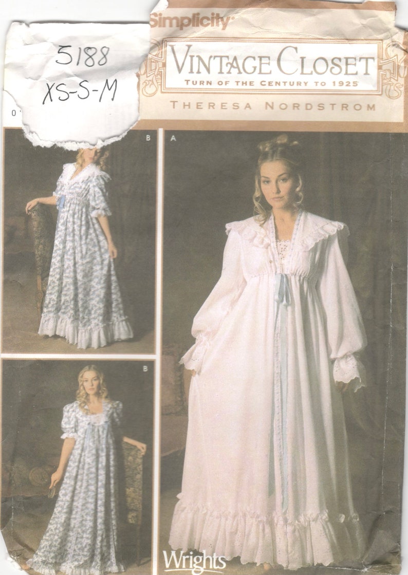 May include: Simplicity Vintage Closet sewing pattern. The pattern features a long, white nightgown with lace trim and a blue ribbon. The pattern includes sizes XS-S-M. The text "Vintage Closet" and "Turn of the Century to 1925" are visible.