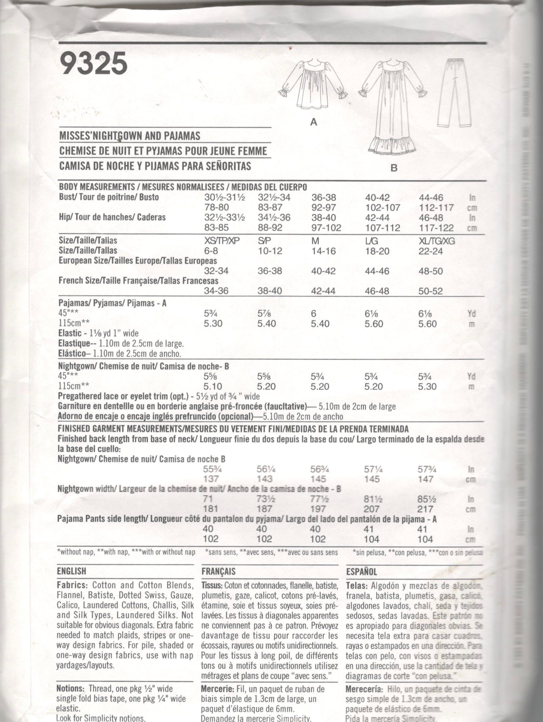 Simplicity Pattern 9325 Simplicity 9325 1990s Misses Pullover Nightgown Pajamas Pattern Shaped ...