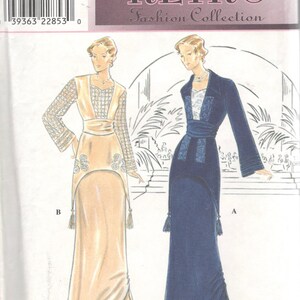 May include: Simplicity 8640 Retro Fashion Collection sewing pattern envelope featuring illustrations of two floor-length dresses. View B is light beige with lace sleeves and floral accents. View A is dark blue with a contrasting white bodice panel.