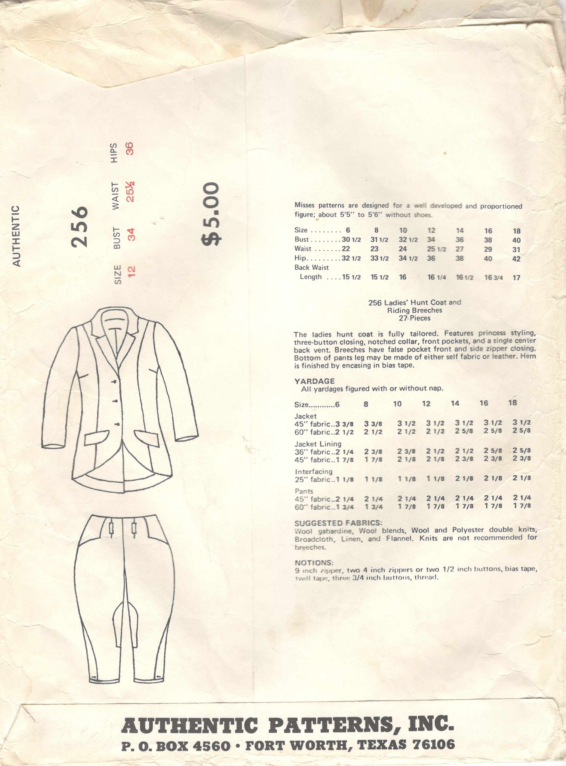 Authentic Patterns 256 1980s Misses Lined Hunt Coat and Riding Breeches ...