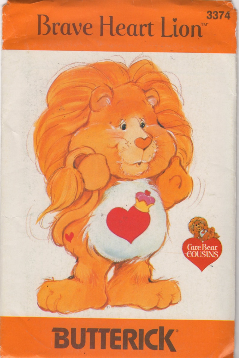 Butterick 3374 1980s BRAVE HEART LION Care Bear Cousin Pattern Vintage Stuffed Toy Sewing Pattern 18 Inch UNCuT image 1