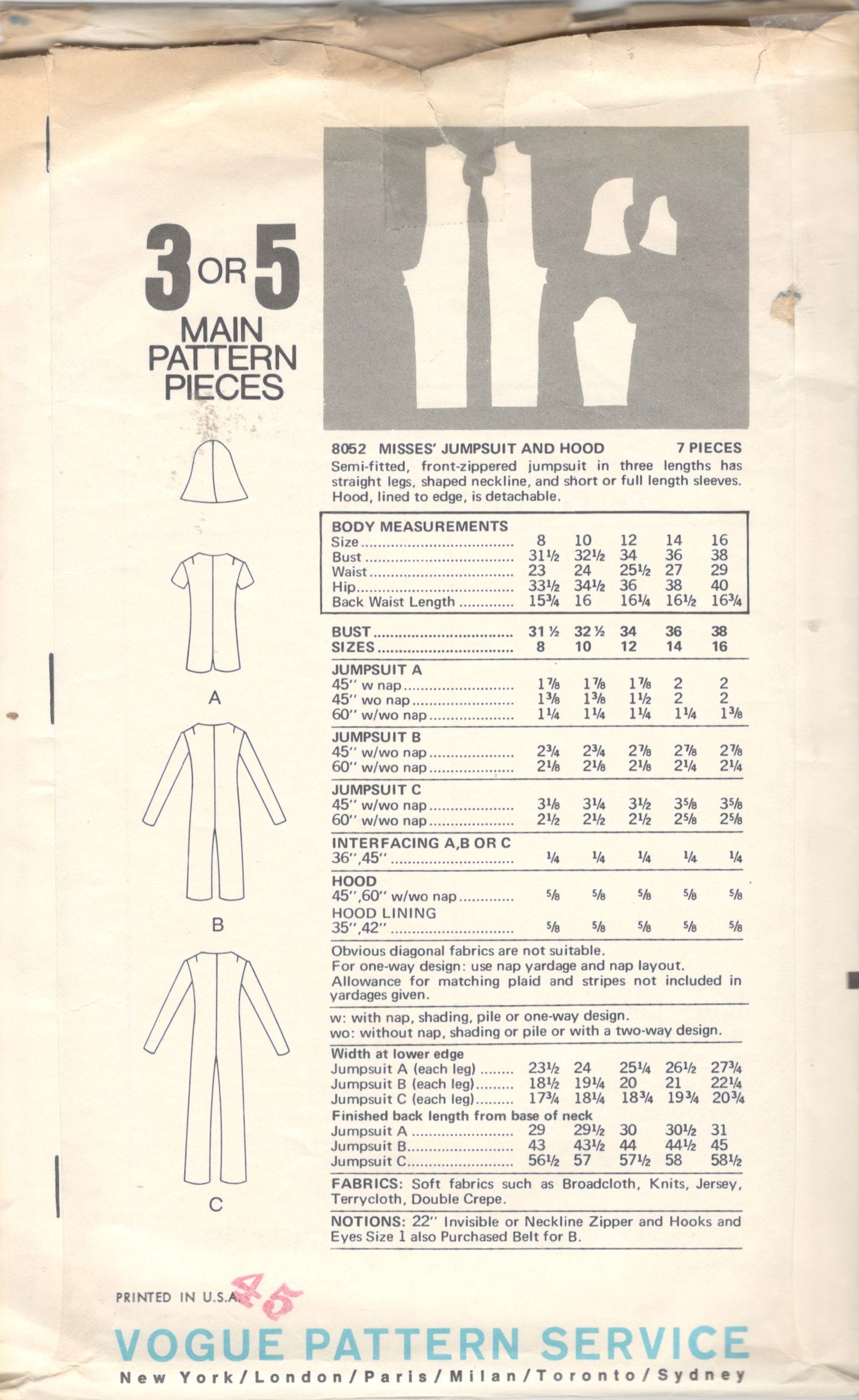 1970s Vogue 8052 Zip Front JUMPSUIT and Hood for Knits Pattern Romper ...