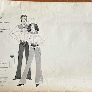 May include: Vintage sewing pattern for Western rodeo "boot cut" chaps. The pattern features illustrations of a man and woman in Western attire. The Country Originals pattern includes sizing information and instructions.
