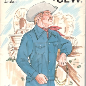 May include: A sewing pattern for a blue denim western jacket with a button-down front and long sleeves. The pattern is from Kwik Sew and is for sizes 36-38-40.