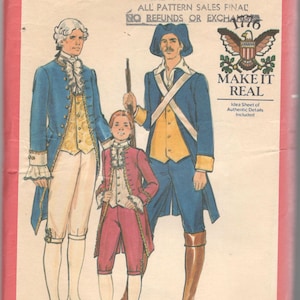 May include: A vintage sewing pattern for three historical figures, including a man in a blue coat and white pants, a man in a blue coat and yellow vest, and a child in a red coat and white pants. The pattern is titled "Make It Real" and includes an idea sheet of authentic details. The pattern is size 42.