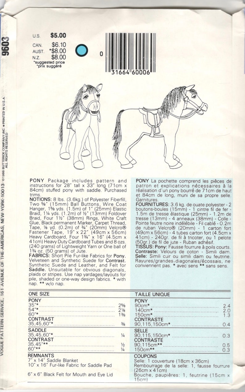 Vogue 9603 623 PONY Horse Pattern and Saddle 28 x 33 Inches Stuffed Animal Designer Linda Carr Vintage Sewing Pattern UNCUT