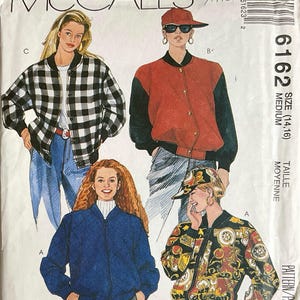 McCalls 6162 Unlined Bomber Jacket and Hat Pattern Loose Fitting Womens Misses Vintage Sewing Size Medium Or Extra Large UNCUT