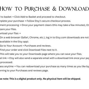 May include: White text on a white background provides instructions on how to purchase and download a digital product from Etsy. The text is organized in numbered steps, detailing the process from adding to the basket to accessing the files.