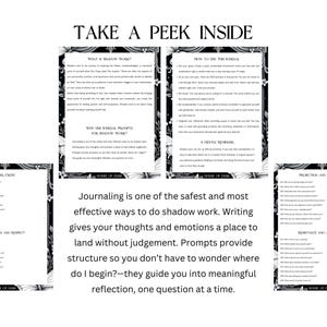 May include: A black and white journal with text that reads "TAKE A PEEK INSIDE." The journal pages contain text about shadow work, with prompts and guidance for self-reflection. The overall theme is self-discovery.