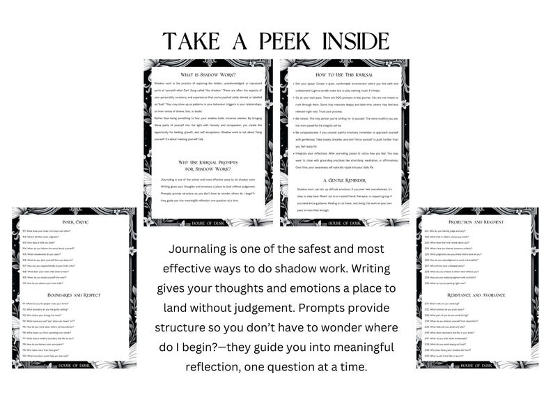 May include: A black and white journal with text that reads "TAKE A PEEK INSIDE." The journal pages contain text about shadow work, with prompts and guidance for self-reflection. The overall theme is self-discovery.