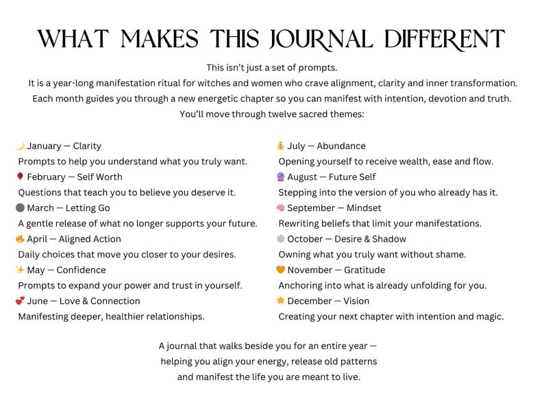 May include: A journal titled "WHAT MAKES THIS JOURNAL DIFFERENT" with text describing a year-long manifestation ritual. It includes monthly themes like Clarity, Self Worth, and Abundance. The journal aims to guide users in aligning energy and manifesting their desired life.
