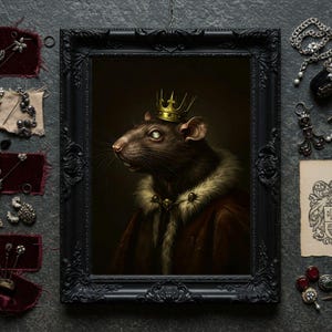 Rat King Royal Portrait Print, Gothic Animal Wall Art, Regal Rat Illustration, Dark Academia Rodent Decor, Crowned Rat Print