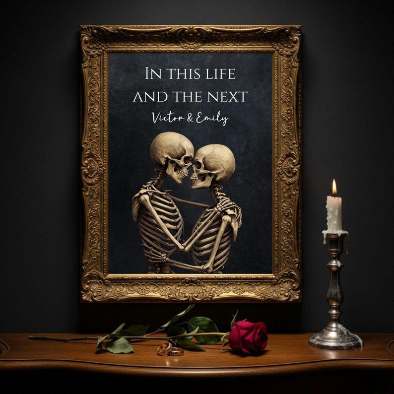 Personalised Skeleton Couple Print, In This Life and the Next Gothic Wall Art, Gothic Couple Gift, Dark Romance Wedding Anniversary Art bild 1