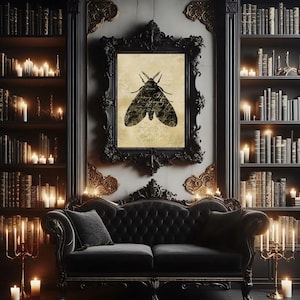 Schwarze Motte Liebesbrief Kunst, Gothic Insekt Druck, Pergament Hintergrund, Dark Academia Wandkunst, Romantische Motte Dekor, Gothic Romanze