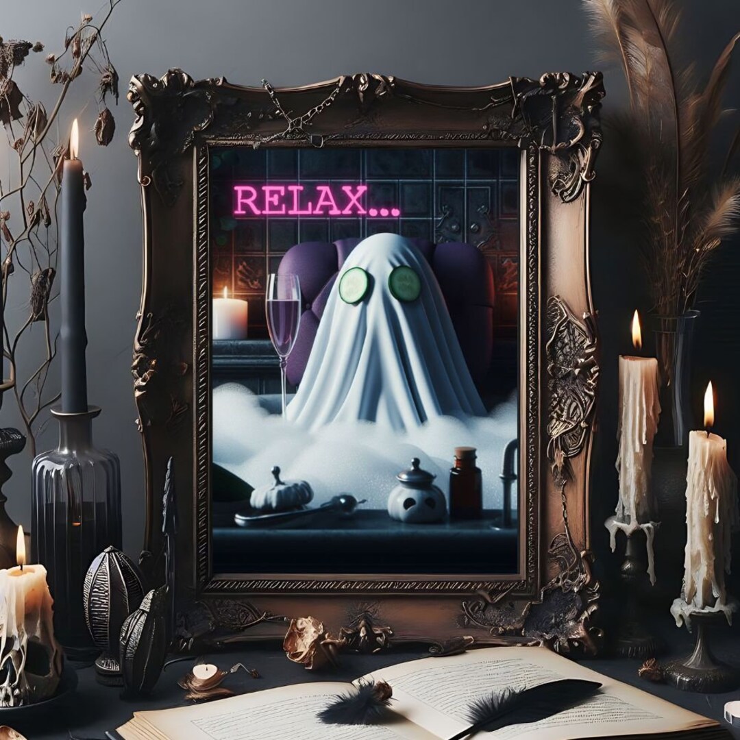 Sheet Ghost Art, Relax Wall Art, Bathroom Poster, Spooky Bathroom Art