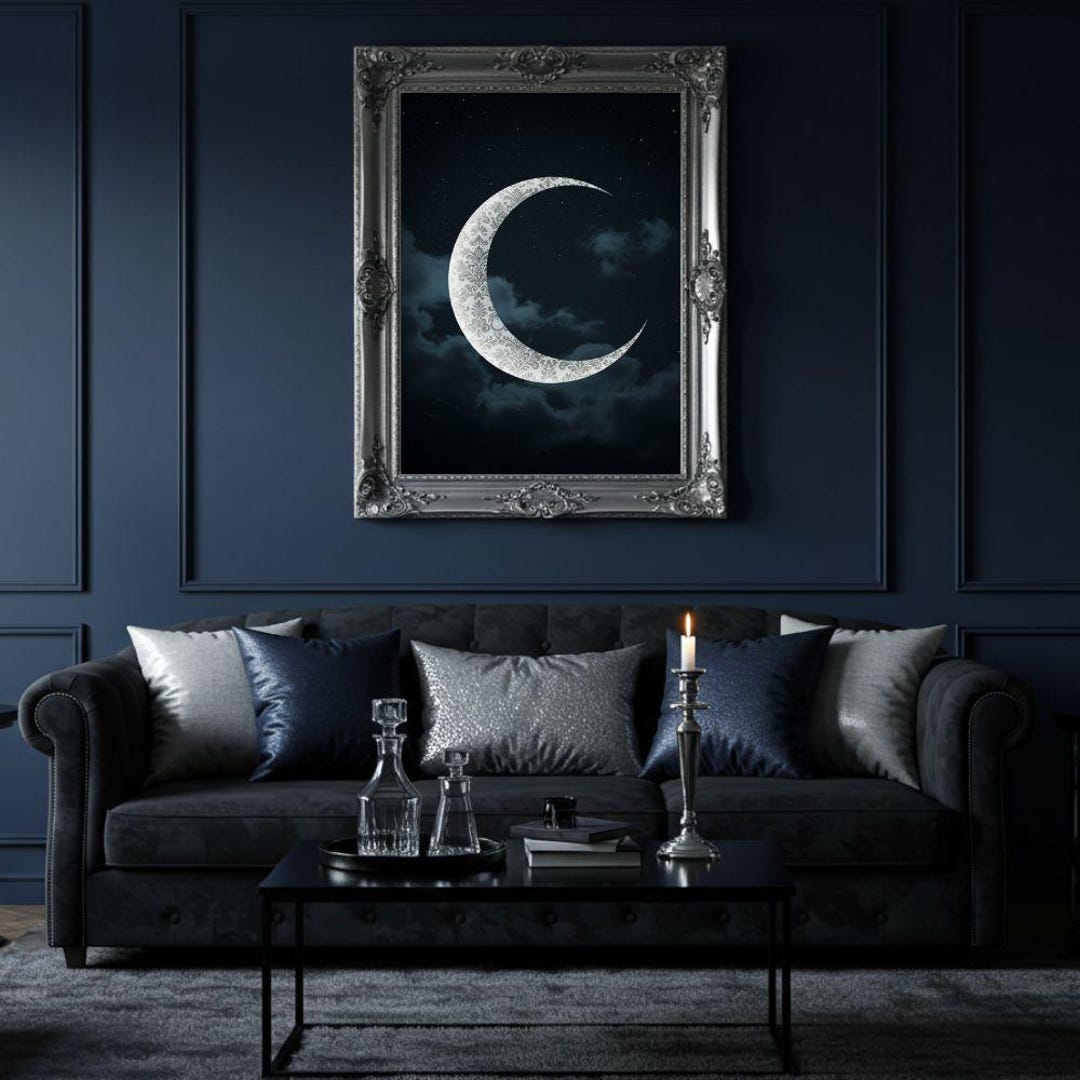 Crescent Moon Damask Print, Gothic Moon Wall Art, Silver Patterned Moon ...