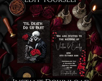 Gothic Skeleton Wedding Invitation Template, Dark Romance (Canva Editable, Printable)